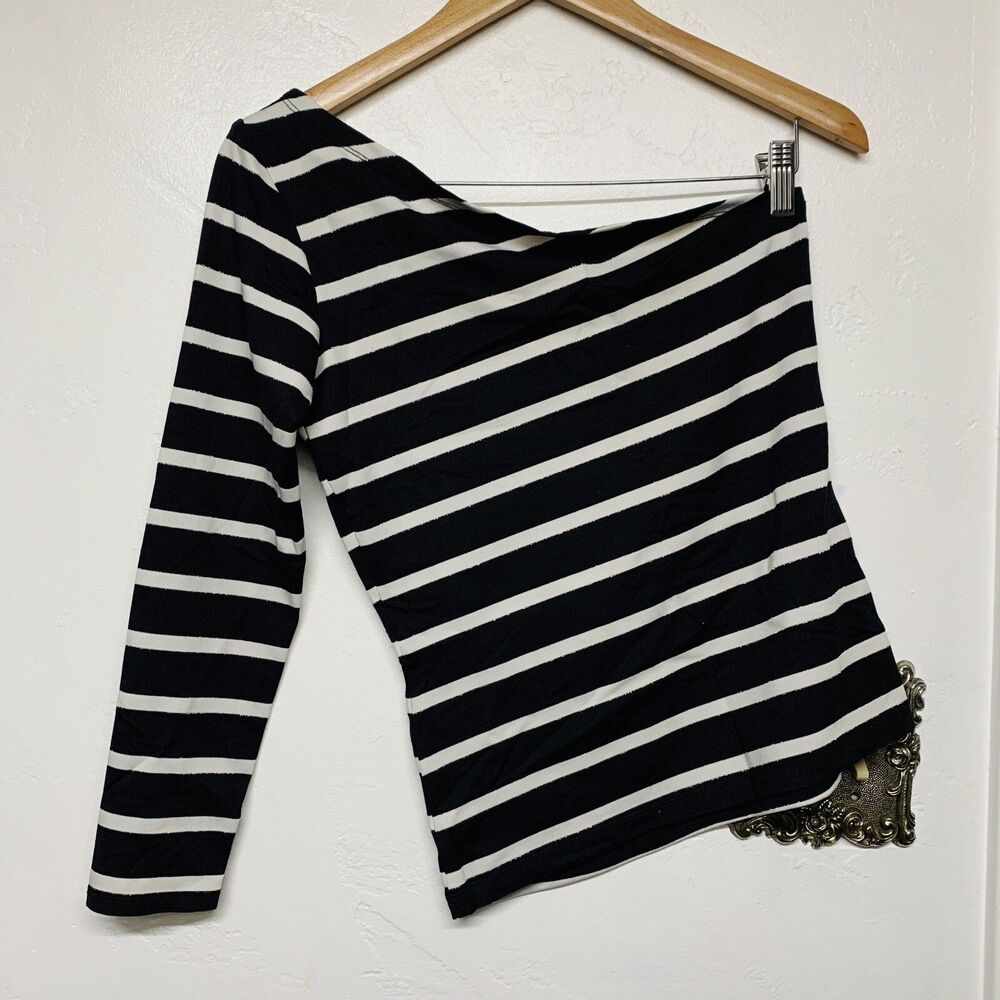 LUXXE® One Shoulder Fitted Top Navy Blue Stripe SIZE 2 Form Fitting Buttery Soft